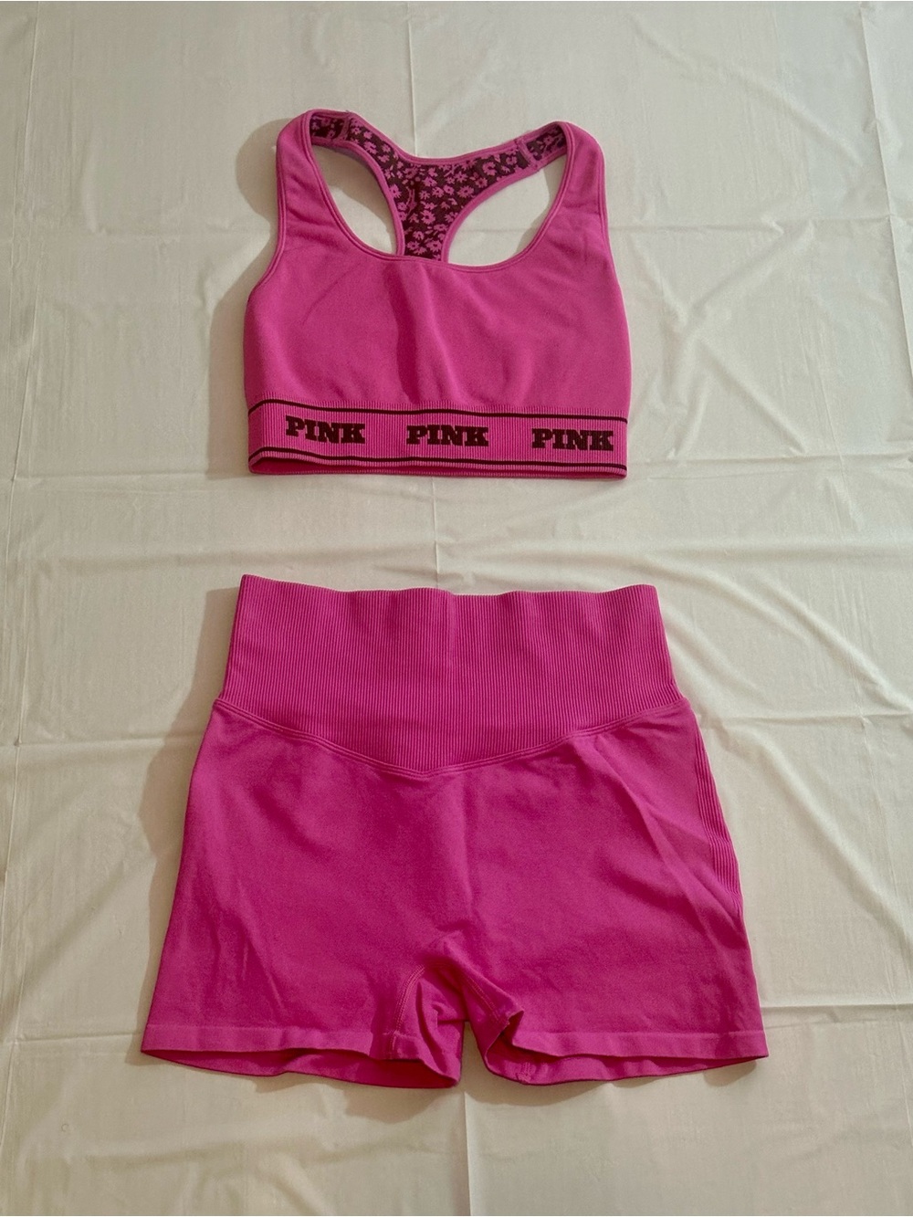 Victoria's Secret Pink Logo Sports Bra & High-Waist Shorts Set - Bright Pink
